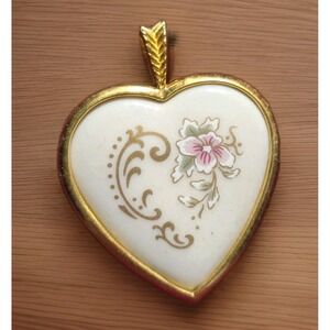 Pickard Porcelain Heart Pendant Hand Decorated Made USA Gold Tone Frame
